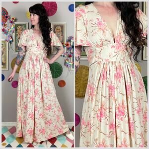 Vintage 1970s Ivory and Pink Floral Print Flutter Sleeve Maxi Dress